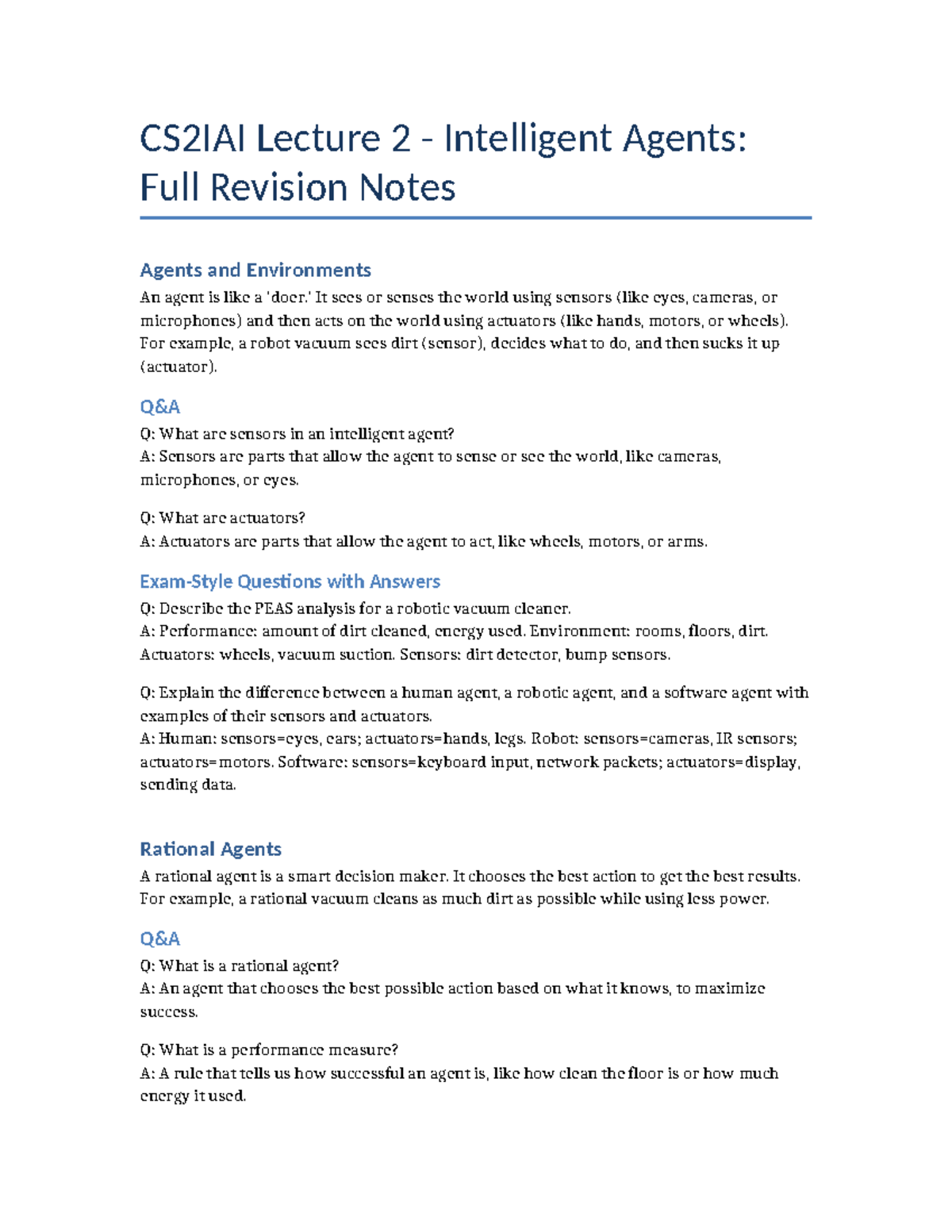 CS2IAI Lecture 2: Comprehensive Notes on Intelligent Agents - Studocu