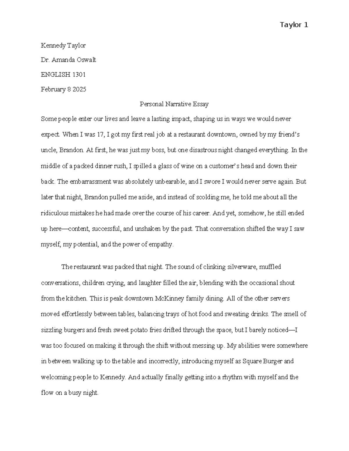 ENGLISH 1301: Personal Narrative Essay on Growth Through Failure - Studocu