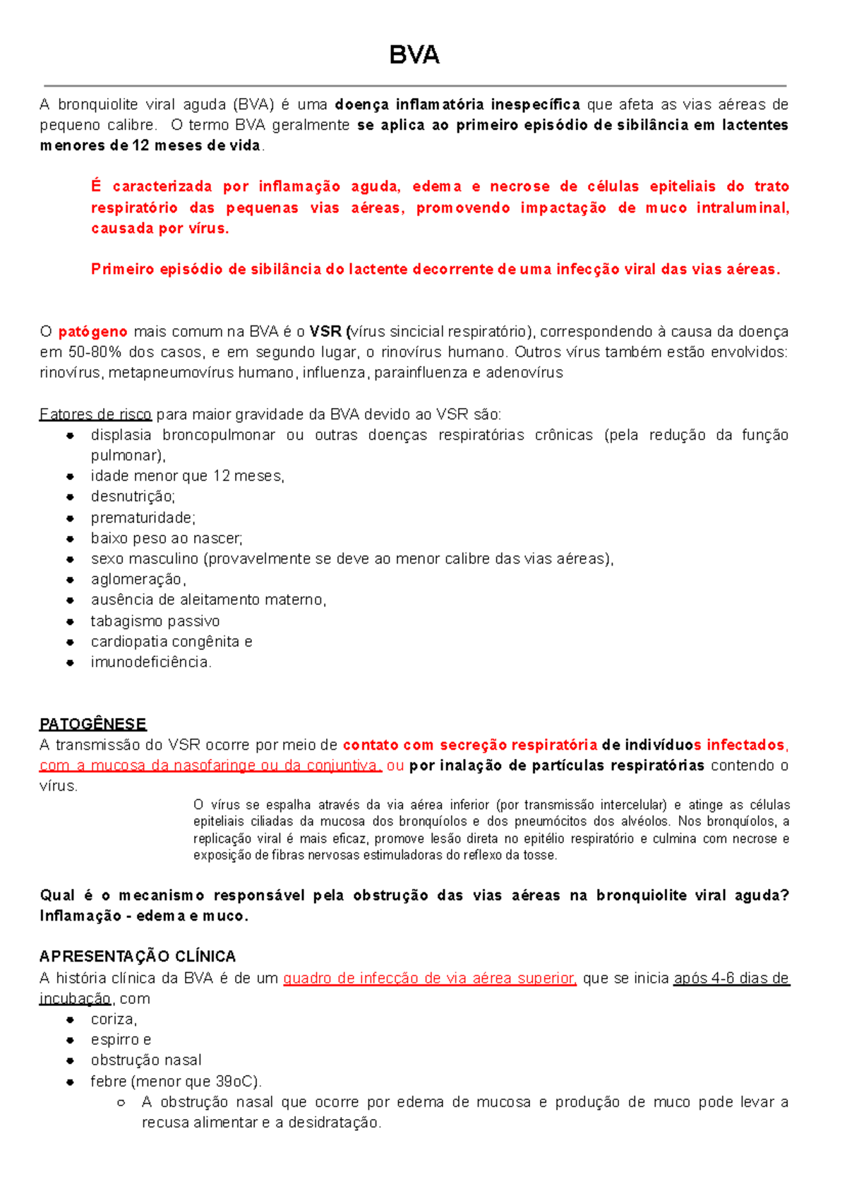 BVA - resumo BVA - BVA A bronquiolite viral aguda (BVA) é uma doença ...