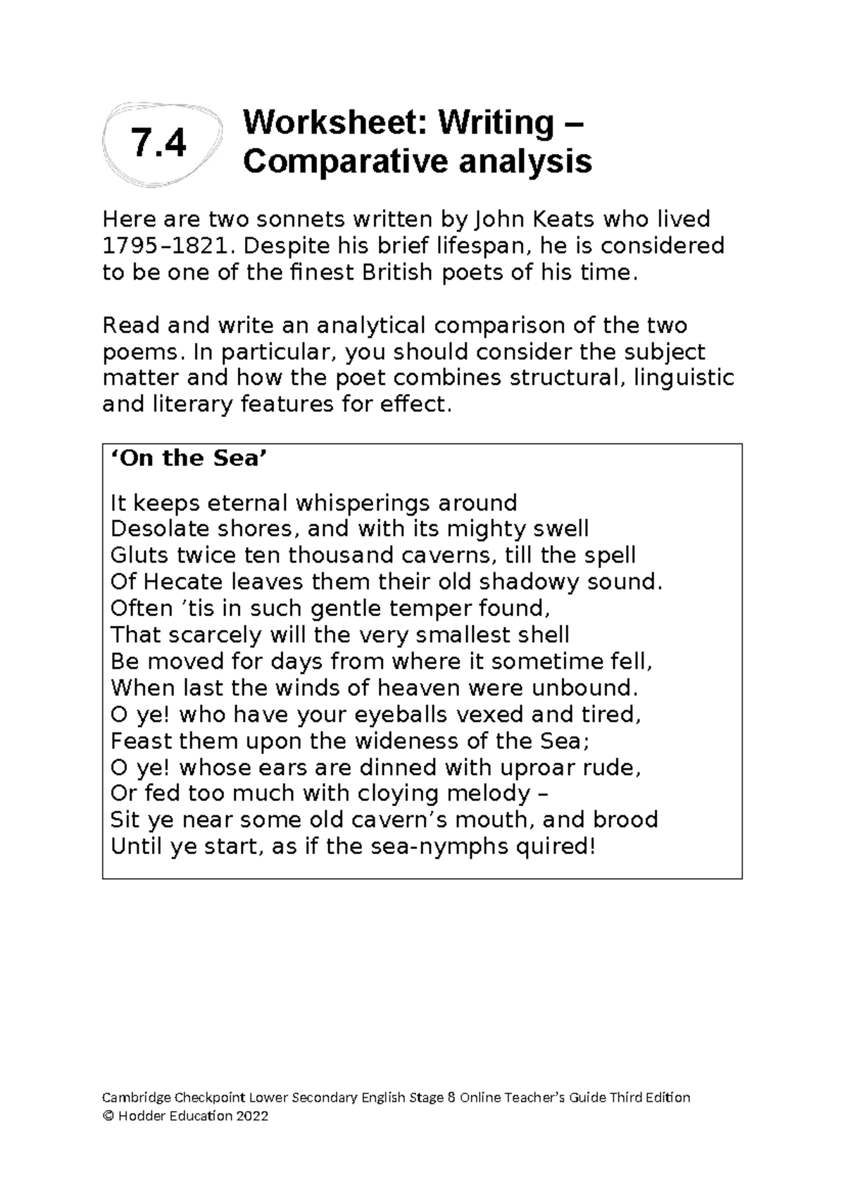 English 8 WS Ch7 - Comparative Analysis of Keats' Sonnets - Studocu