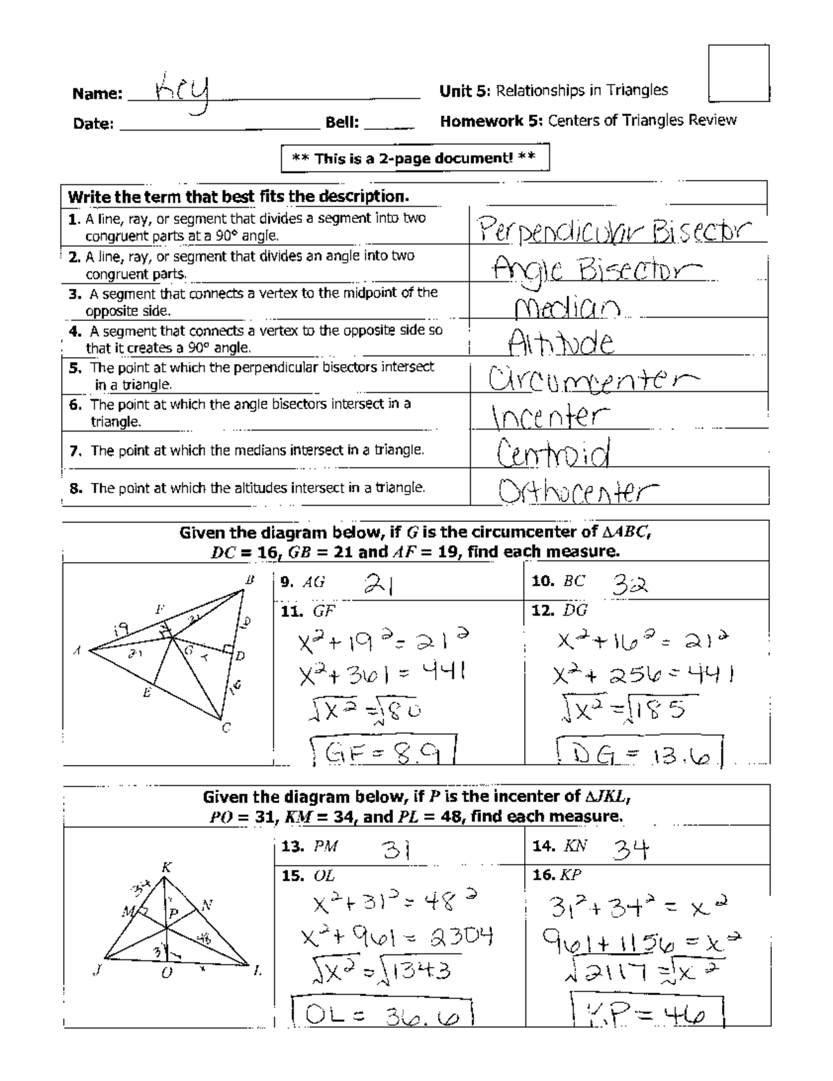 Mid Chapter 5 Review Answers: Centers of Triangles (Math 101) - Studocu