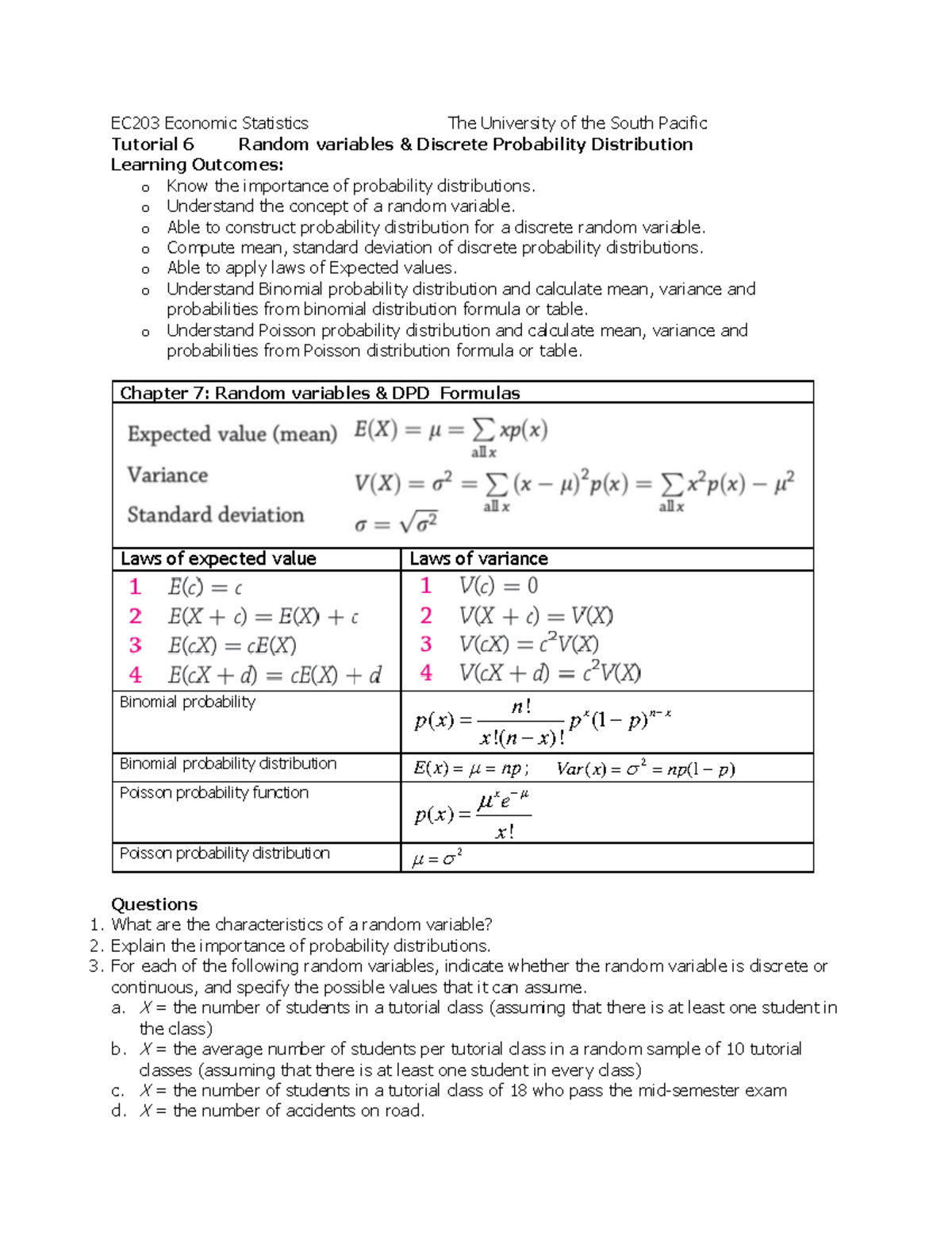 EC203 Economic Statistics Tutorial 6: Discrete Probability ...