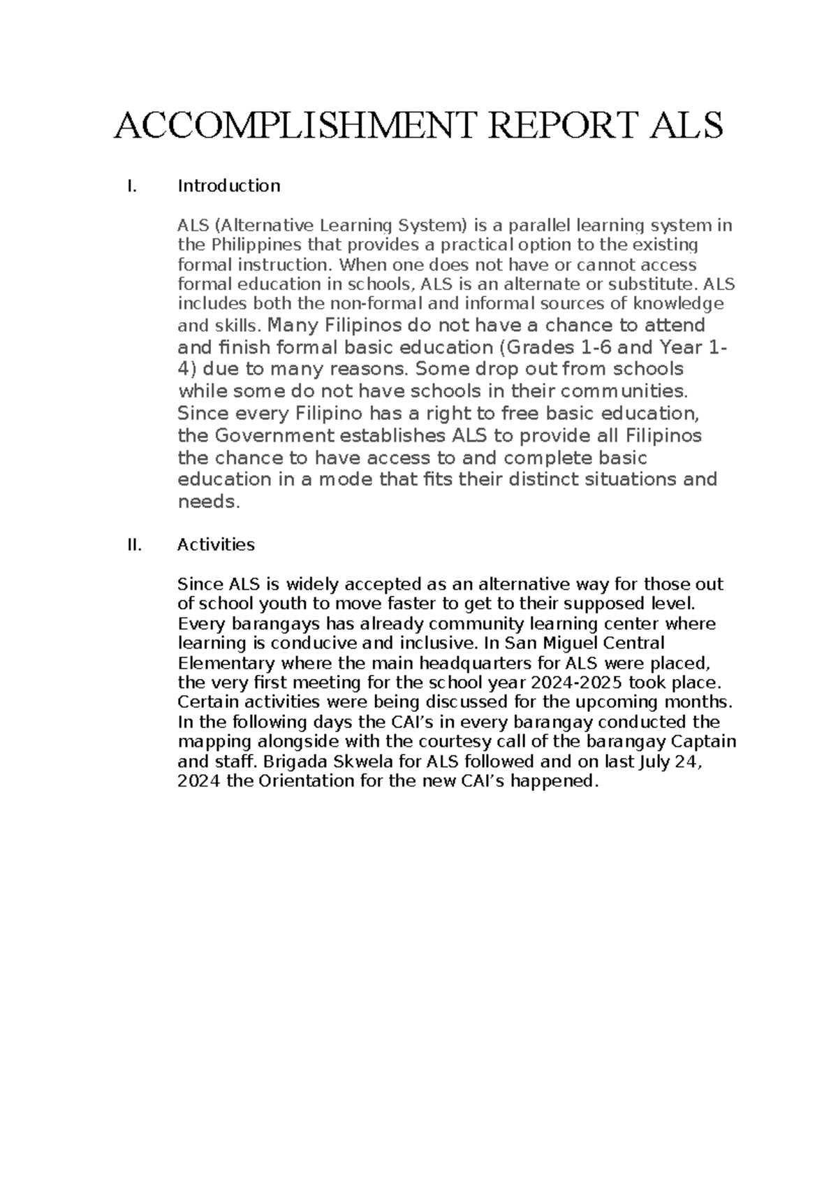 Accomplishment Report: ALS Activities & Impact Overview 2024-2025 - Studocu
