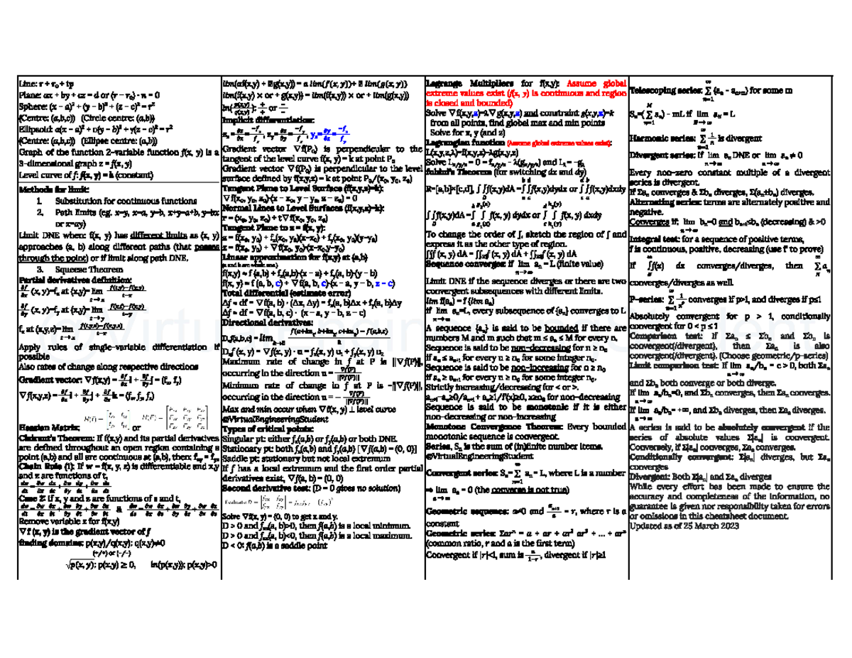 MH1811 Lagrange Multipliers and Series - Complete Cheatsheet - Studocu