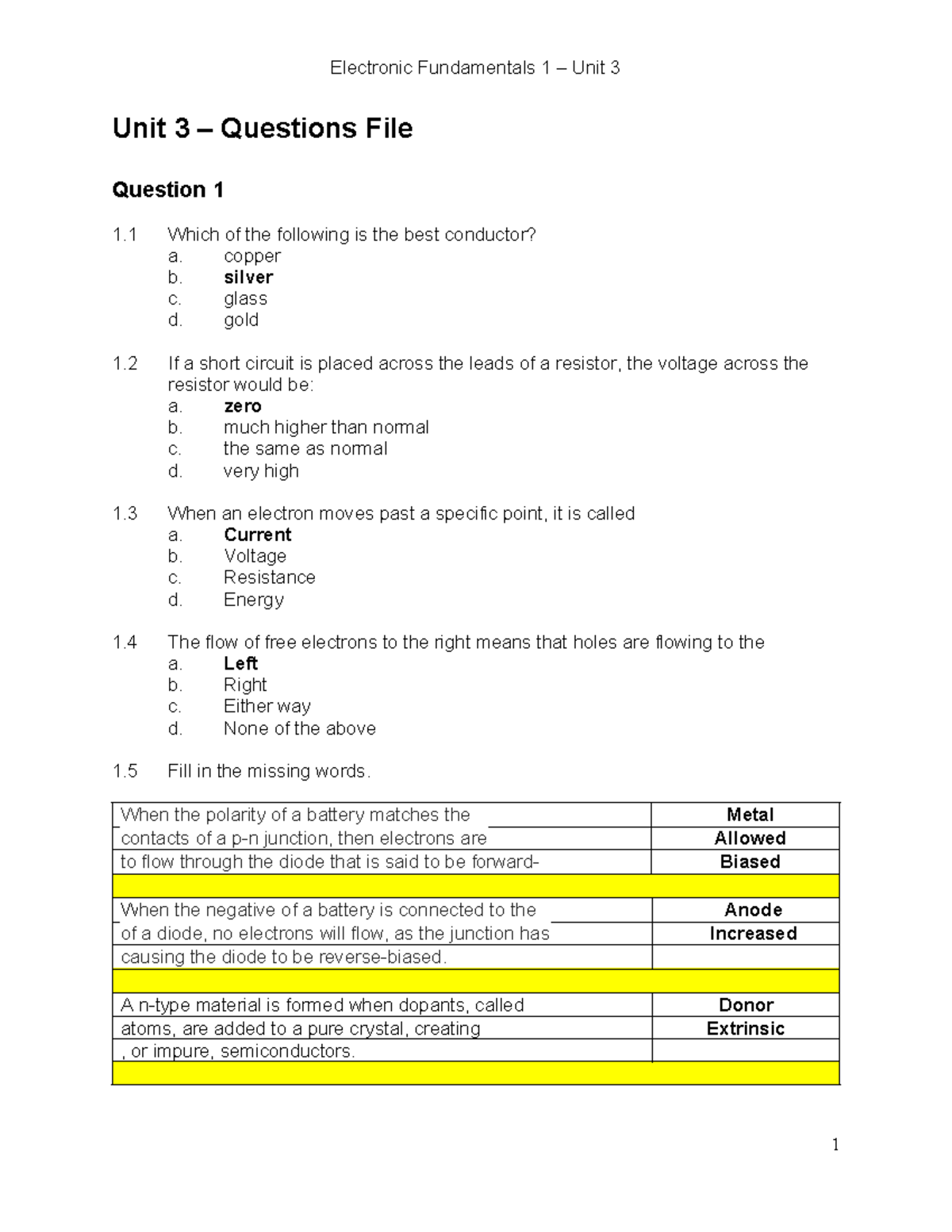 Electronic Fundamentals 1: Unit 3 Questions and Answers - Studocu