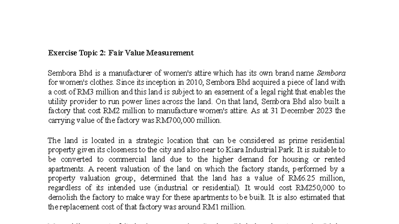 Exercise Topic 2: Fair Value Measurement Analysis for Sembora Bhd - Studocu