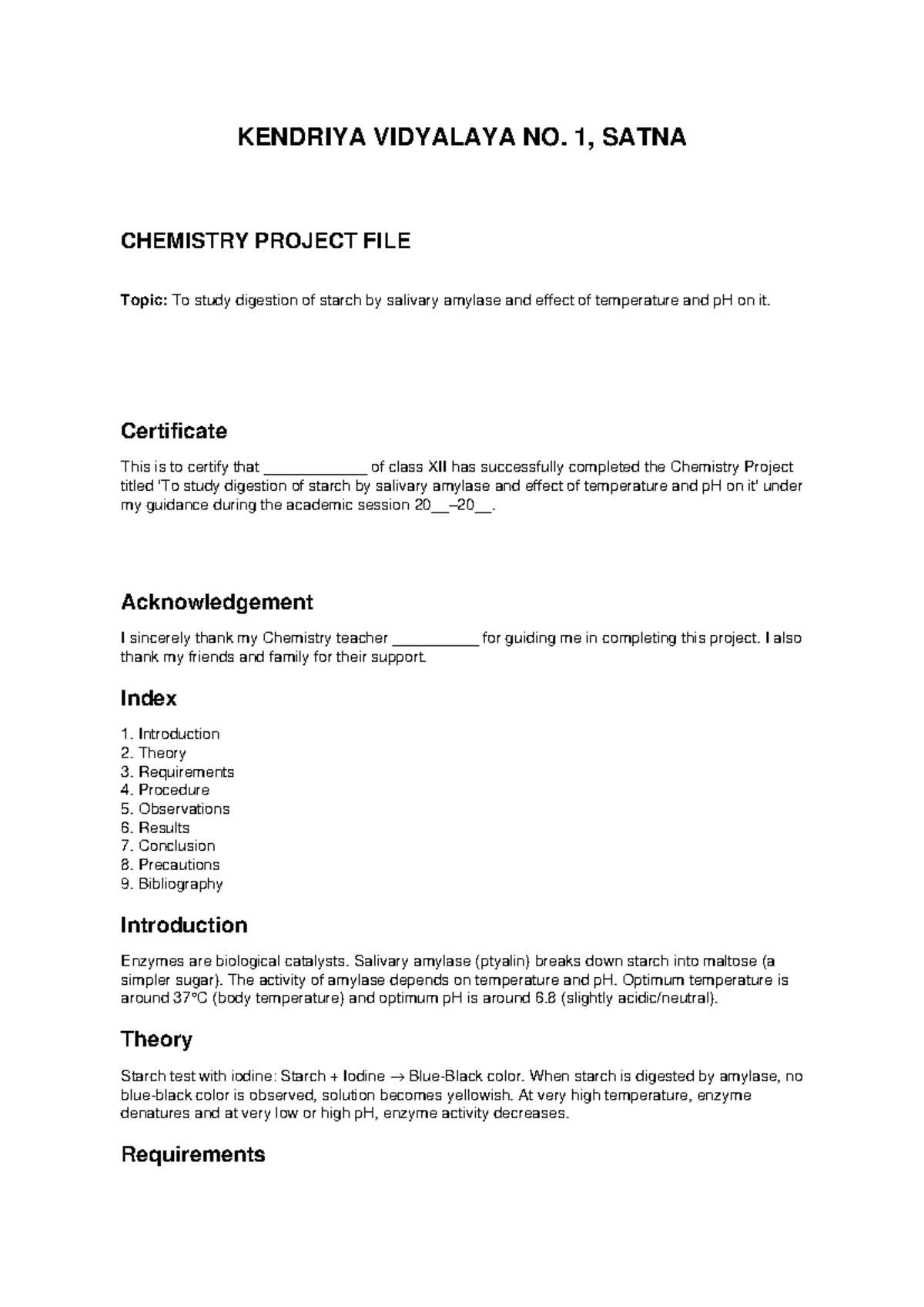 Chemistry Project File: Digestion of Starch by Salivary Amylase - Studocu
