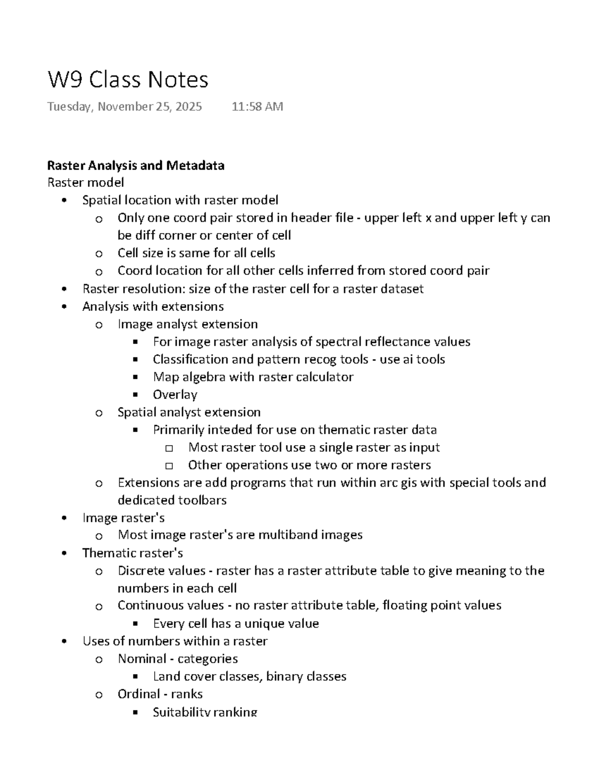W9 Class Notes: Raster Analysis and Metadata - Studocu