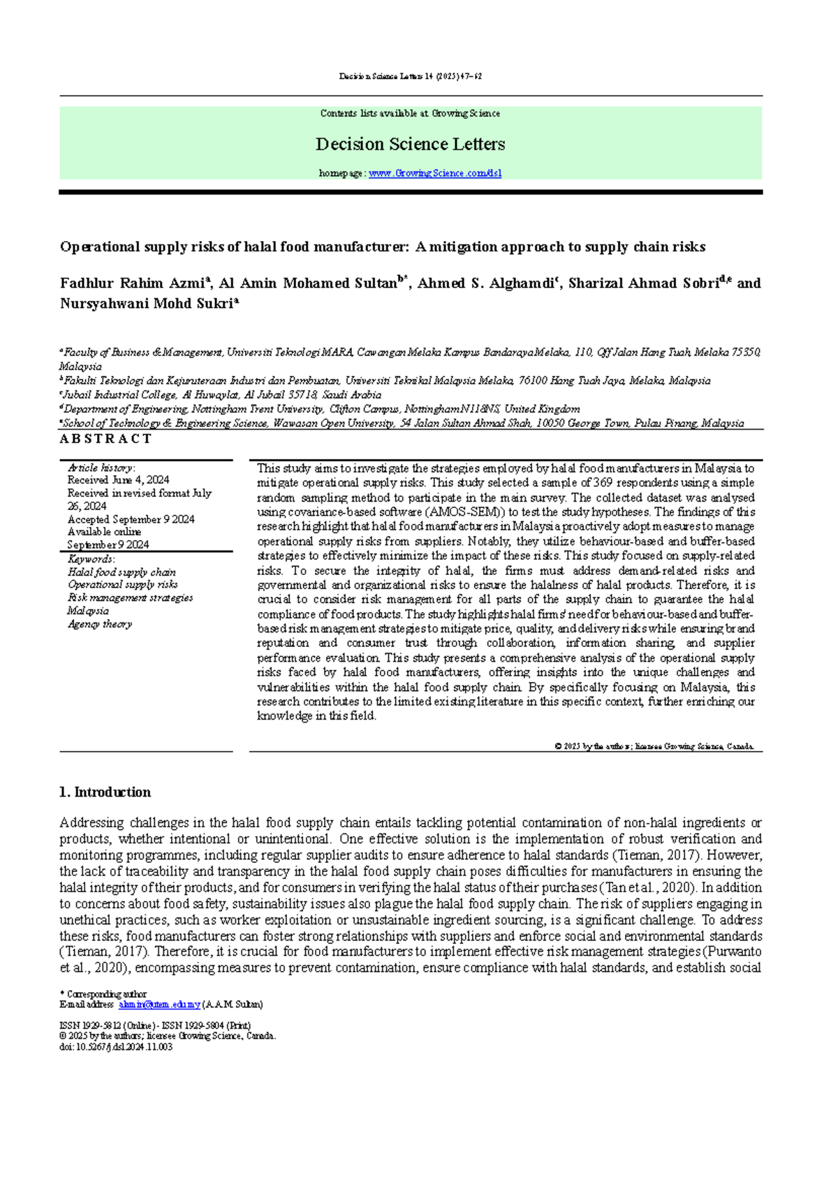 Operational Supply Risks in Halal Food Manufacturing: A Mitigation ...