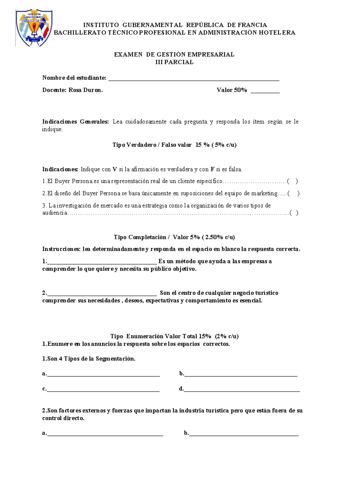 Examen Parcial de Gestión Empresarial - Bachillerato Técnico ...