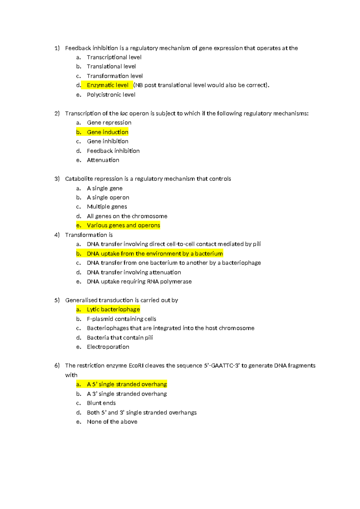 MCQs for ML2001: Gene Regulation and Genetic Techniques (Part B) - Studocu