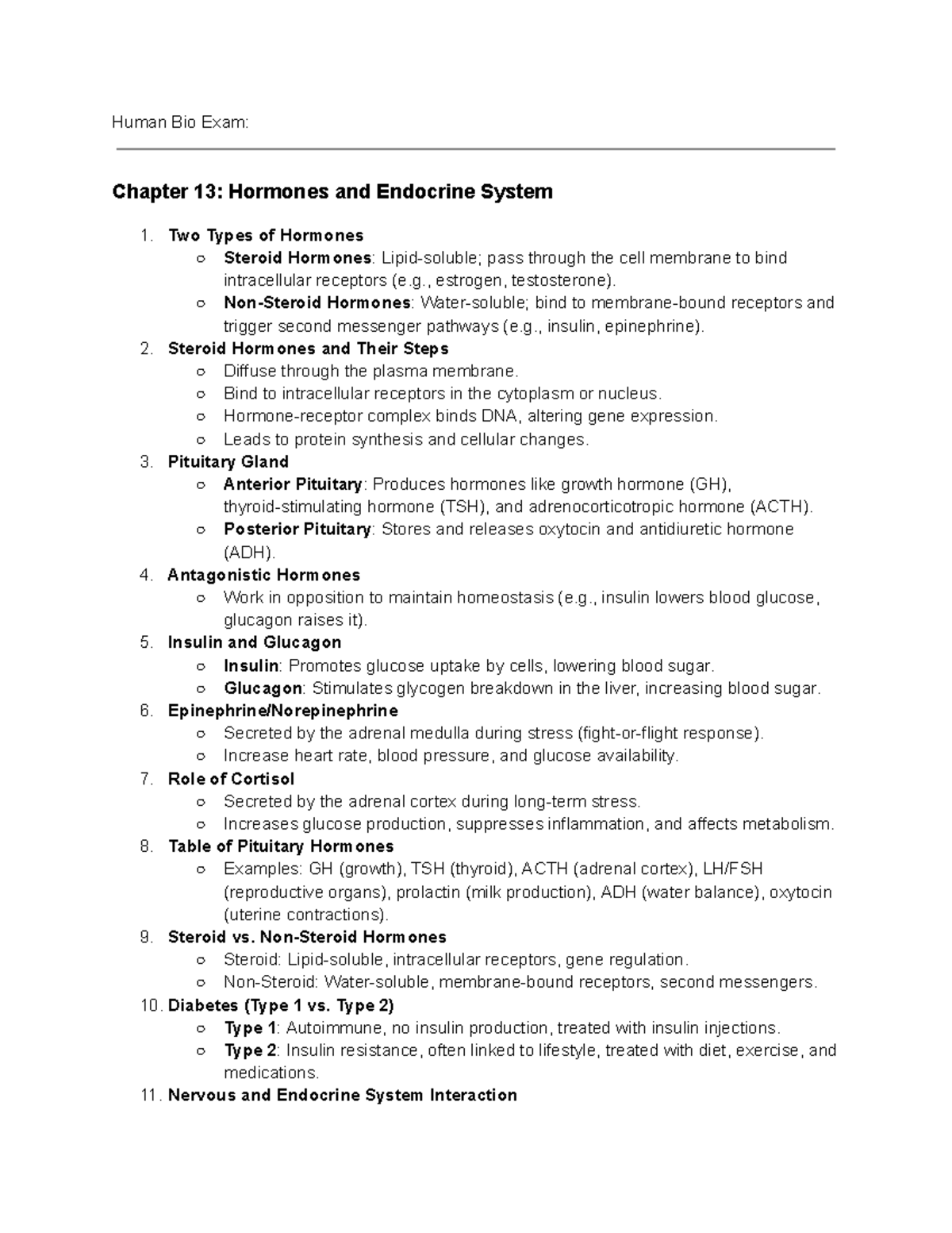 Human Biology Exam Notes: Chapters 13-14 Hormones & Digestive System ...