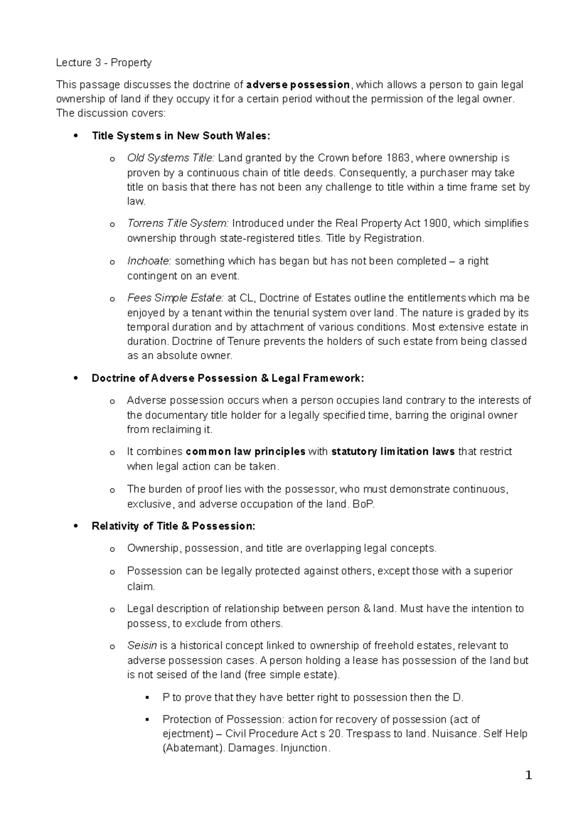 Lecture 3: Adverse Possession and Property Law in NSW - Studocu