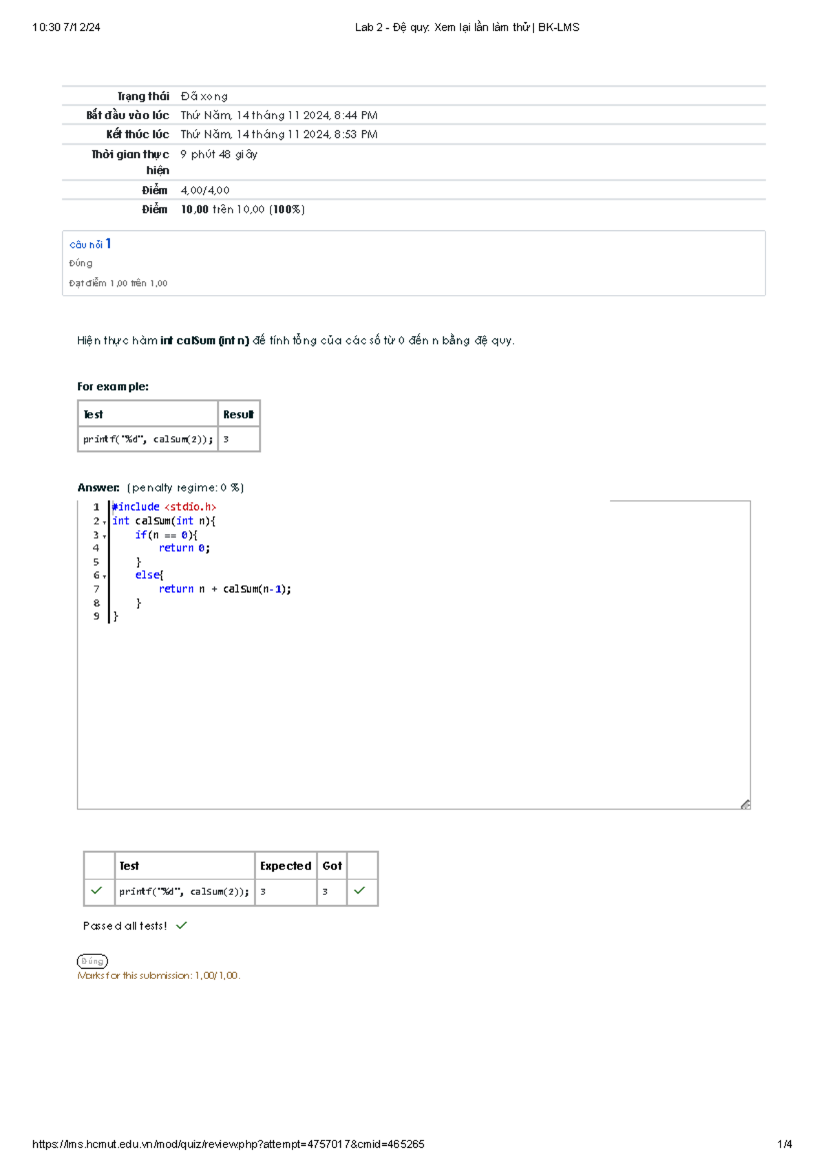 Lab 2: Đệ Quy - Xem Lại Lần Làm Thử (Course Code: 0000) - Studocu