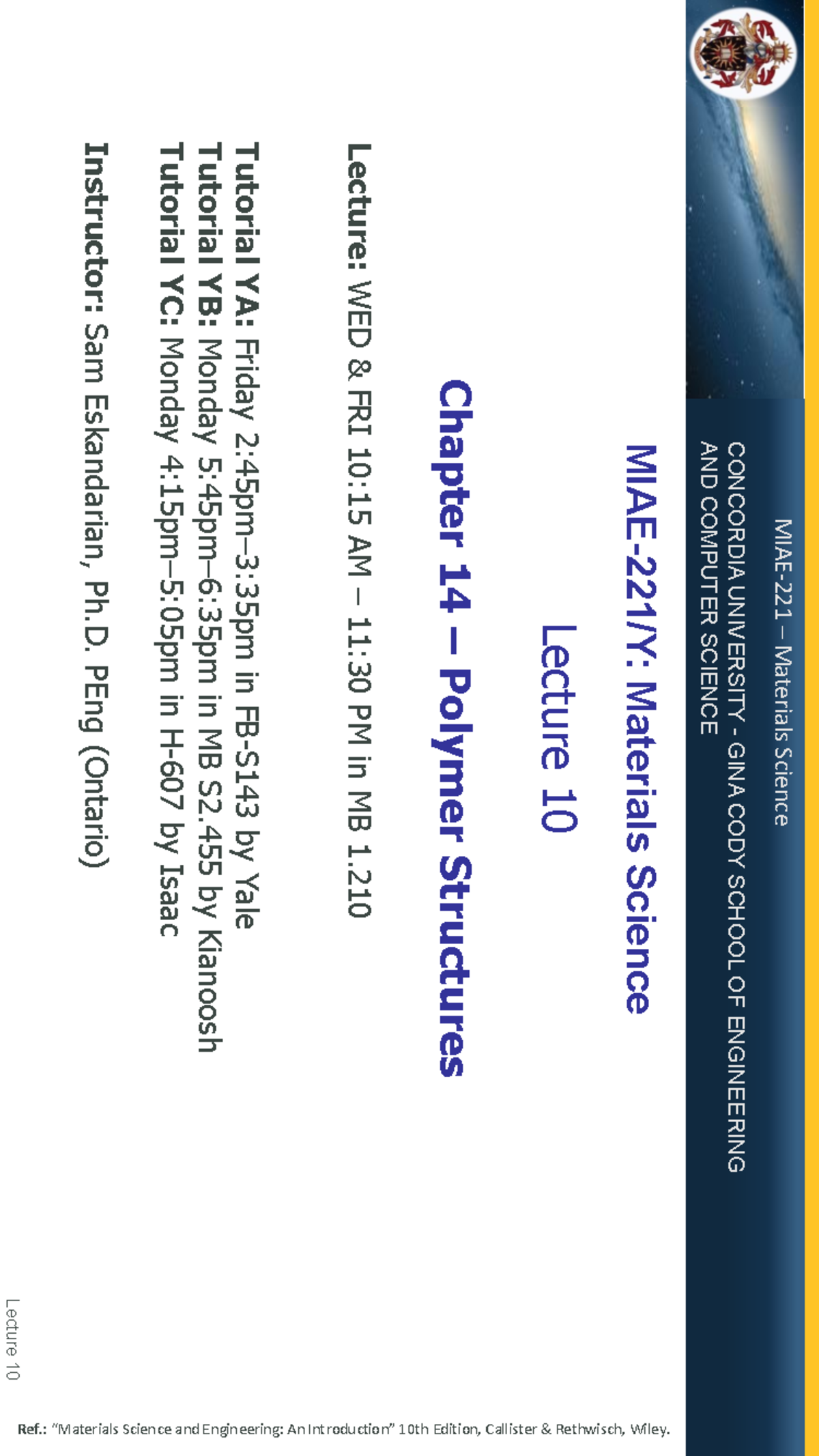 Materials Science Lecture 10 (Ch. 14): Polymer Structures Overview ...