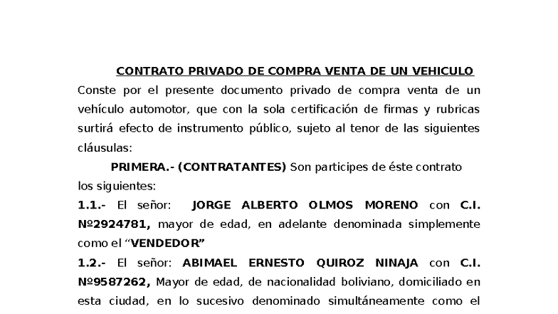 Contrato Privado de Compra Venta de Vehículo Automotor - Studocu