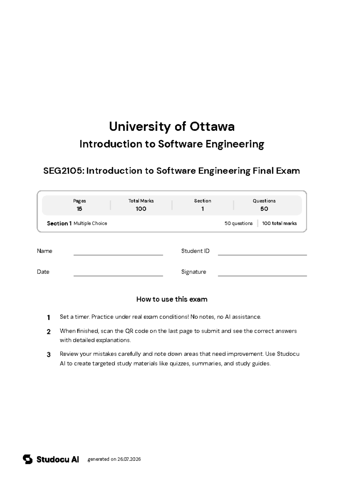SEG2105: Introduction to Software Engineering Final Exam - Studocu
