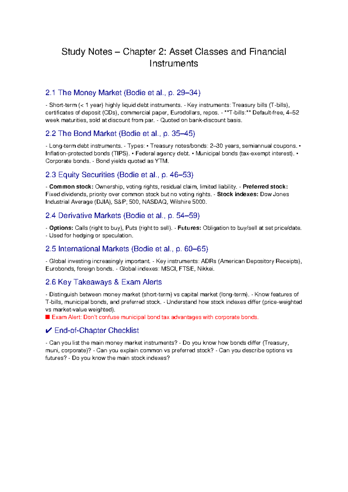 Chapter 02 Study Notes: Asset Classes & Financial Instruments - Studocu
