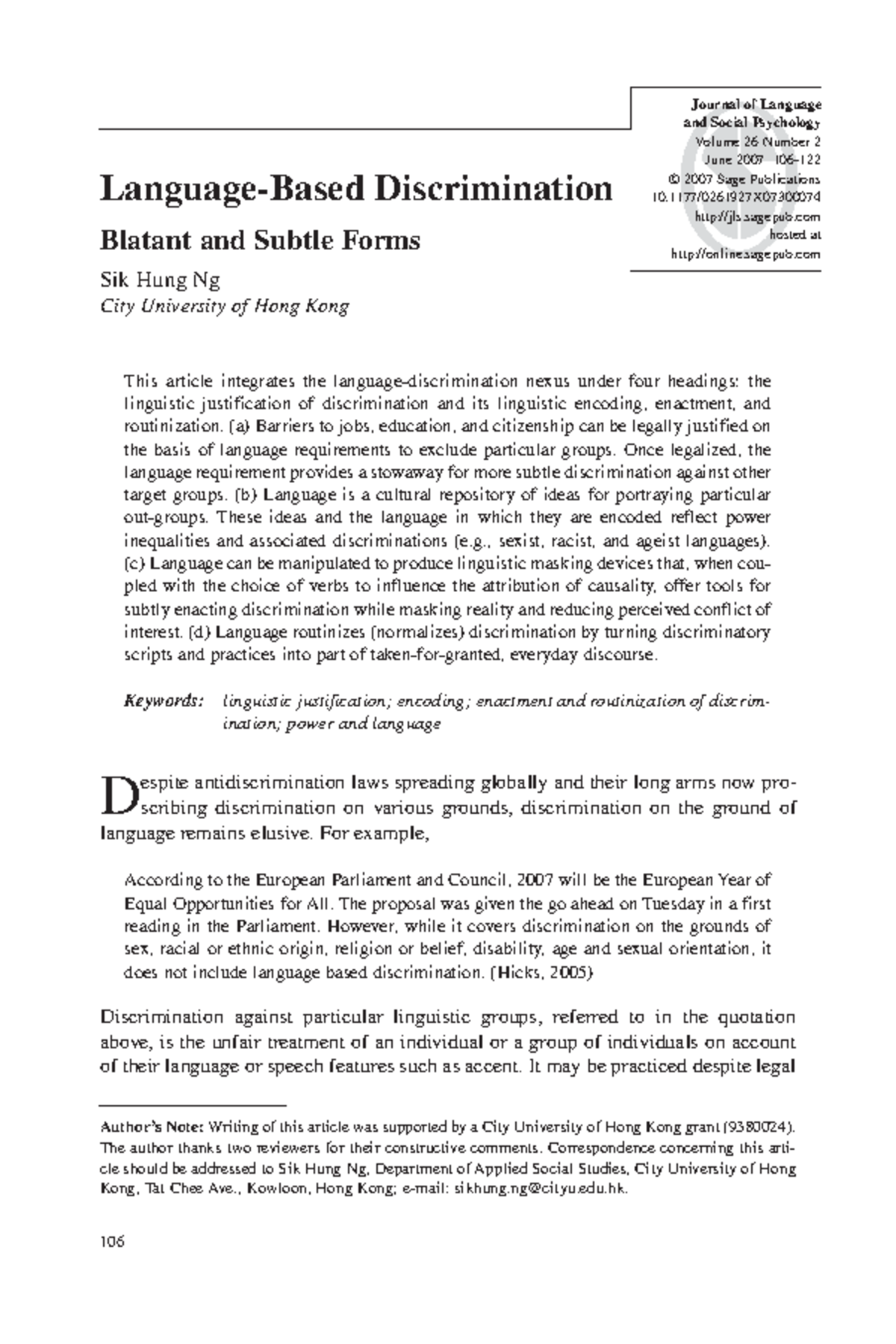 Language-Based Discrimination: Blatant and Subtle Forms Analysis - 106 ...