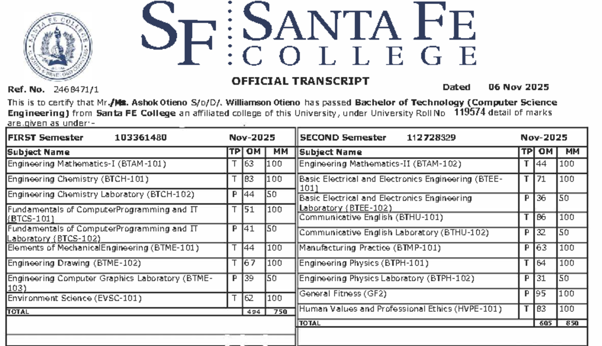 Official Transcript: Ashok Otieno - B.Tech in CSE from Santa Fe College ...