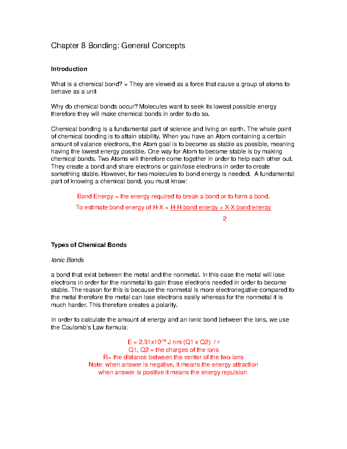 Chapter 8 Bonding - molecules, interaction, ionic, covalent - Chapter 8 ...
