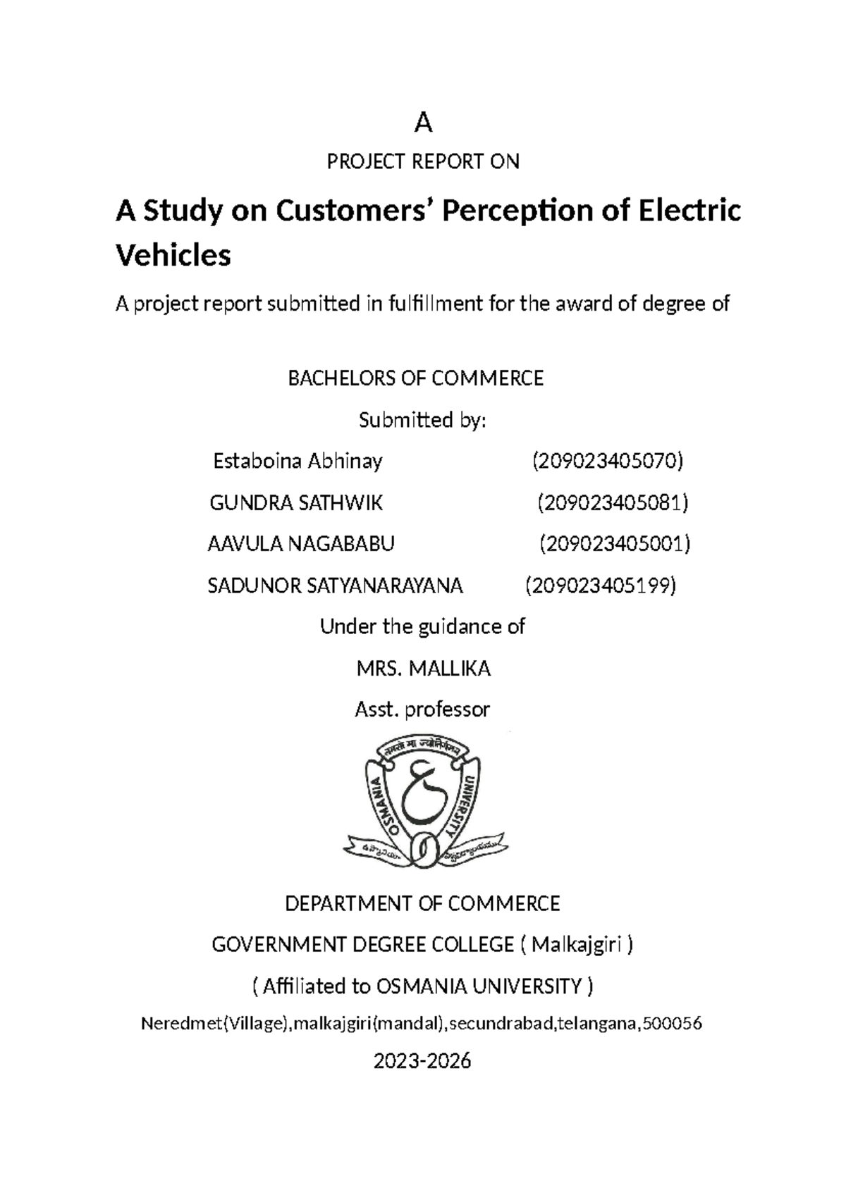 A Study on Customer Perception of Electric Vehicles - B.Com Project ...
