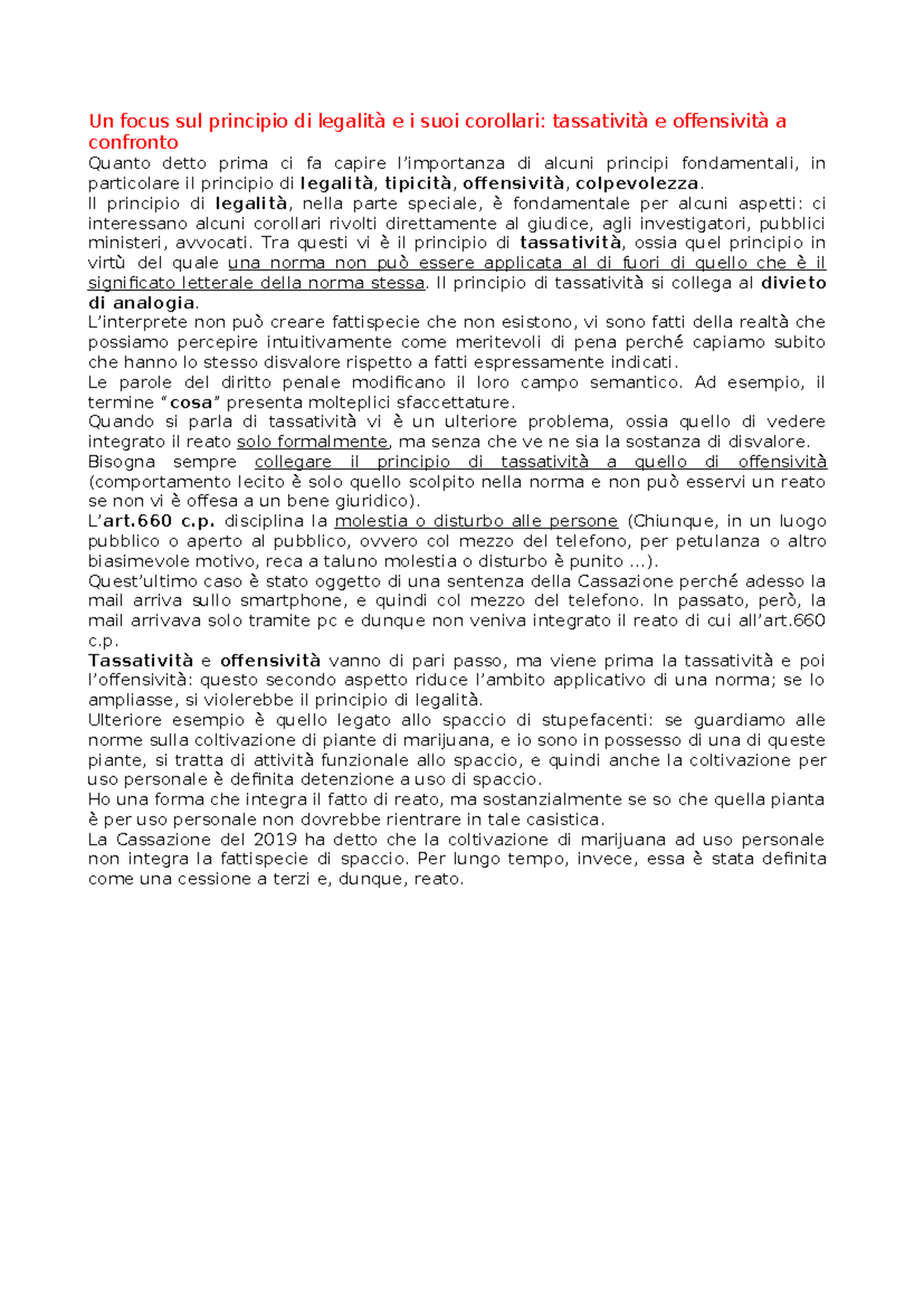 Principio di Legalità e Corollari: Tassatività e Offensività a ...