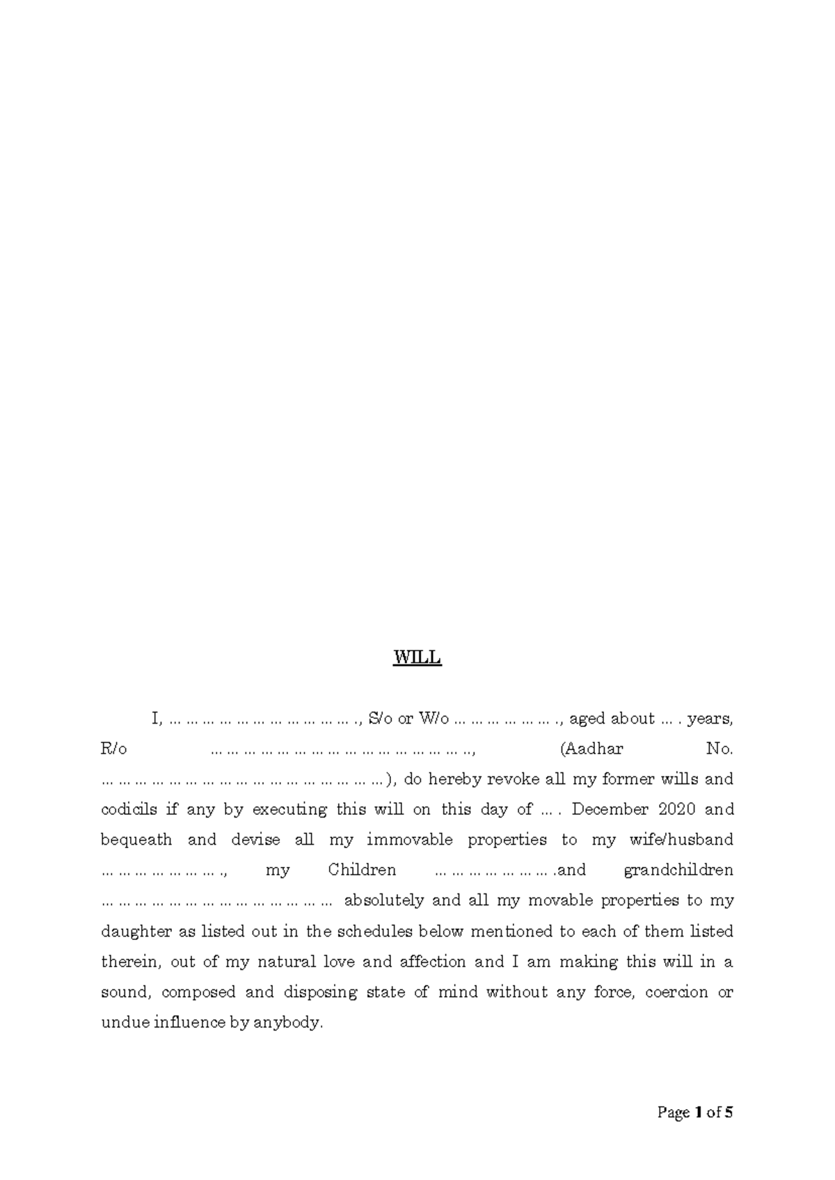 15-Will Deed Format: Bequeathing Properties to Family Members - Studocu