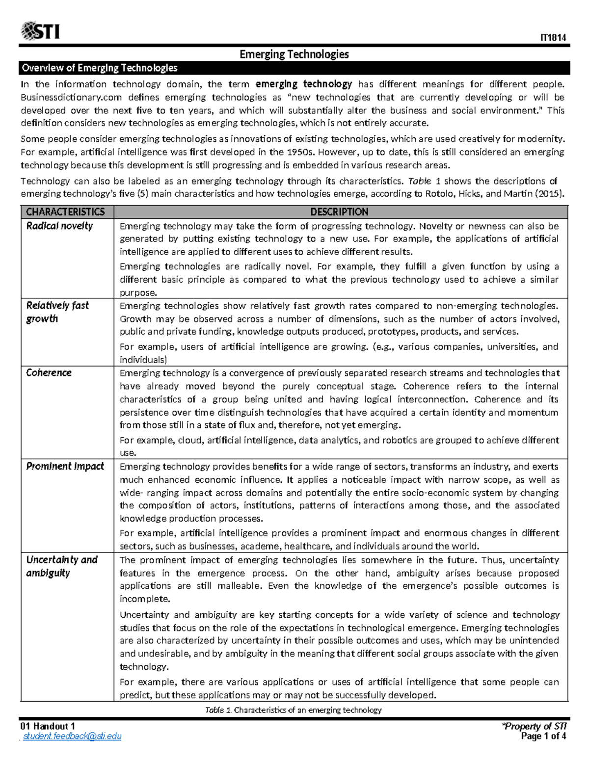 Emerging Technologies Overview and Characteristics (Handout 01) - Studocu