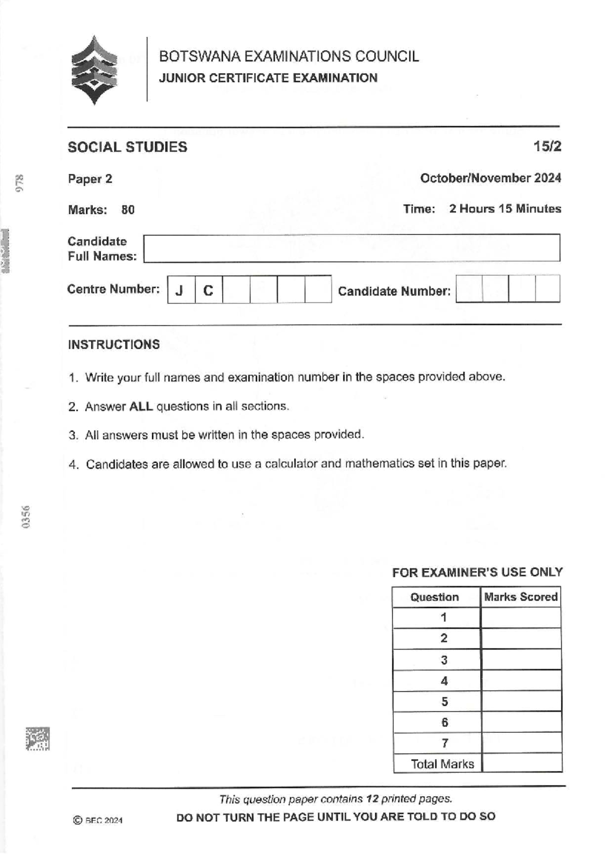 JCE Social Studies Paper 2 Exam 2024 - Botswana Examinations Council ...
