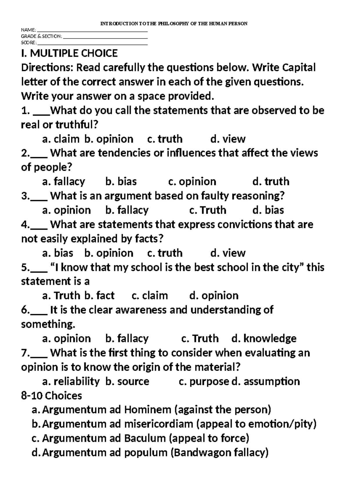 Summative TEST on Philosophy of the Human Person - Lesson 2 - Studocu