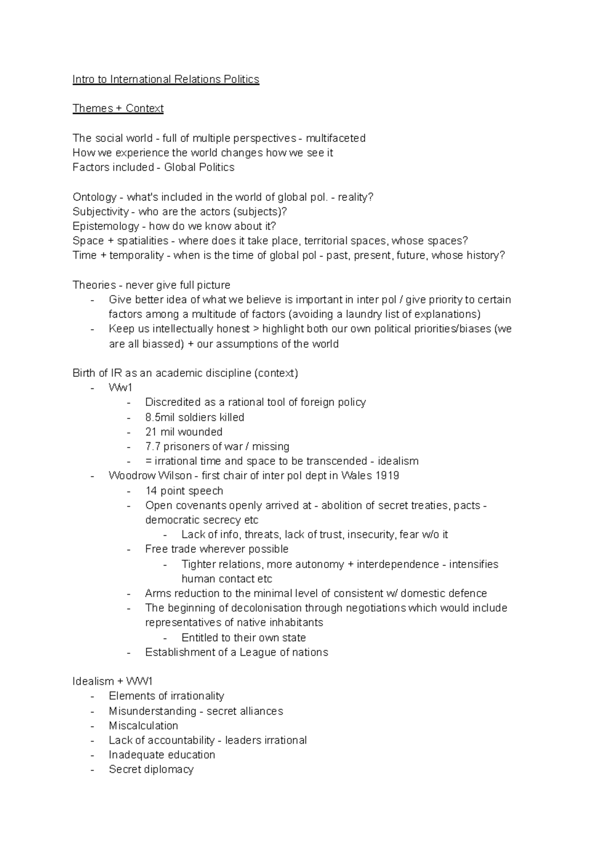 Intro to ir pol - first lecture notes - Intro to International ...