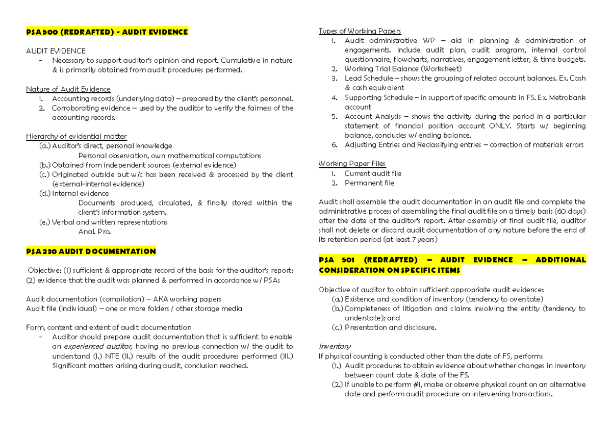 PSA 500 Audit Evidence Summary: Key Concepts and Procedures - Studocu