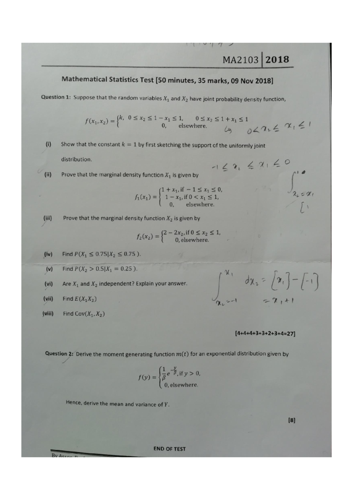 Mathematical stats test 2018 - MA2103 2018 Mathematical Statistics Test ...