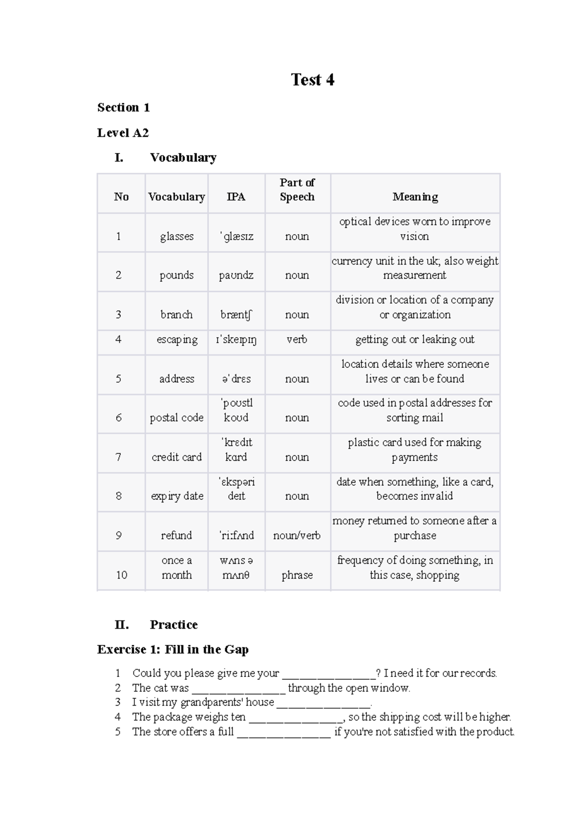 Test 4 Vocabulary & Practice Exercises for Level A2 and B1 - Studocu