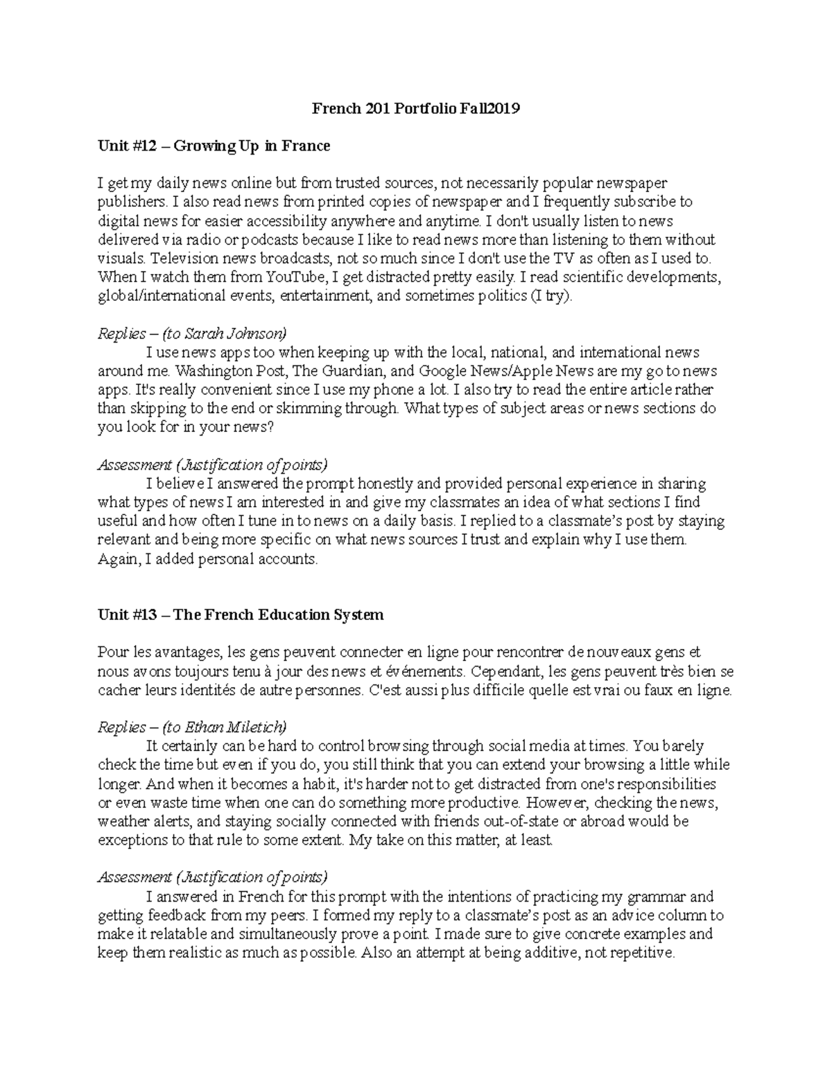 French 201 Portfolio Fall19 - French 201 Portfolio Fall Unit #12 ...