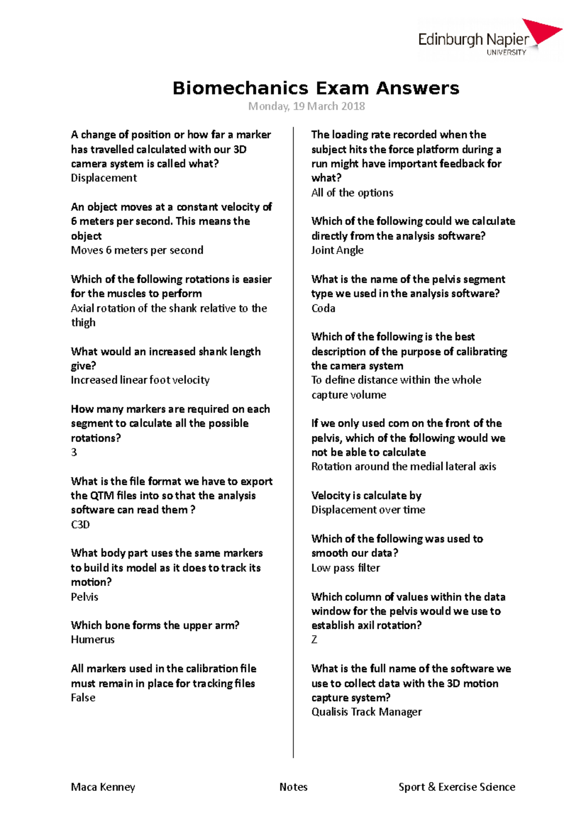 Test March 2018, questions and answers - Biomechanics Exam Answers ...