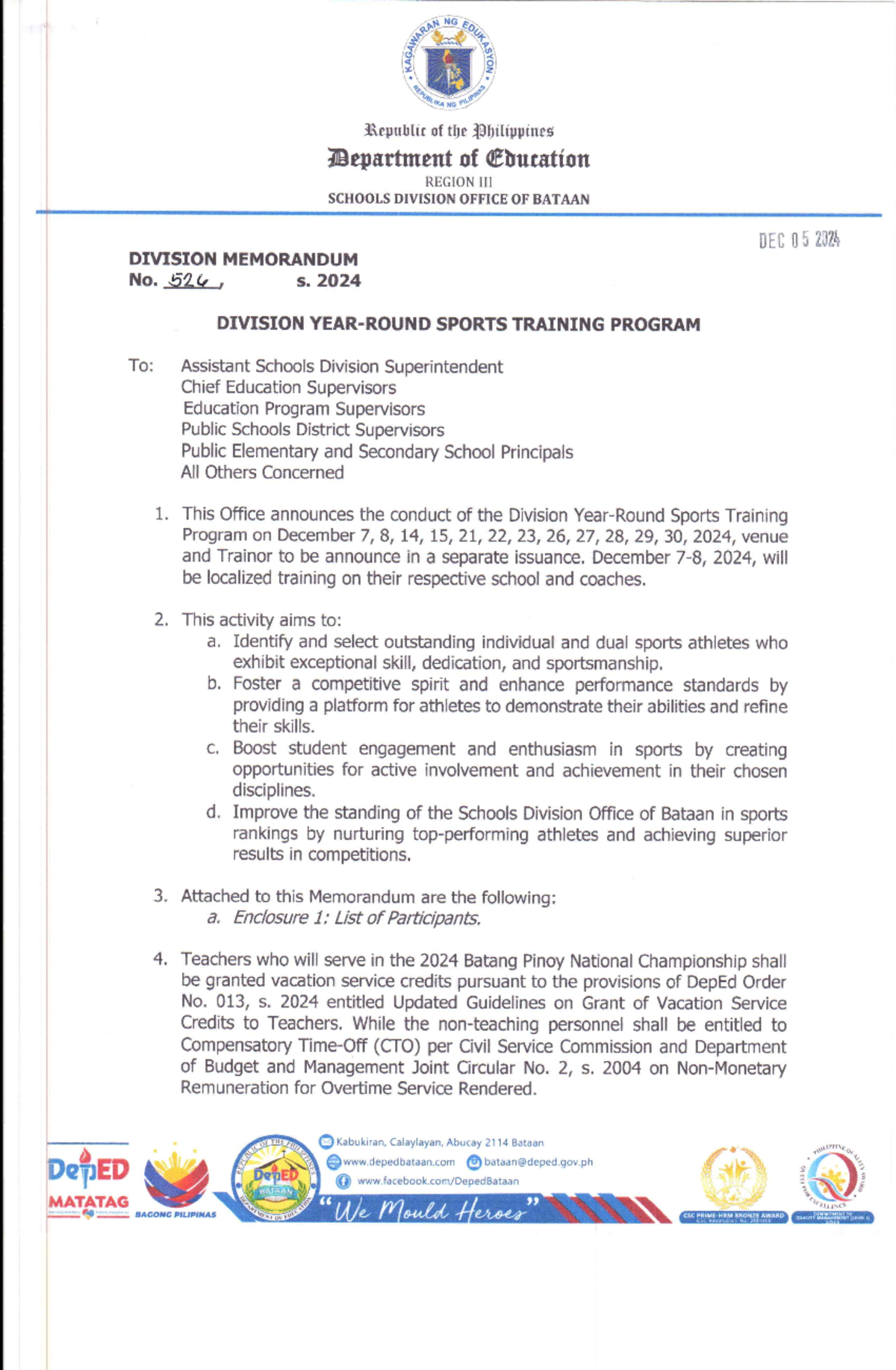 DM-526-s - Division Sports Training Program Memorandum 2024 - Studocu