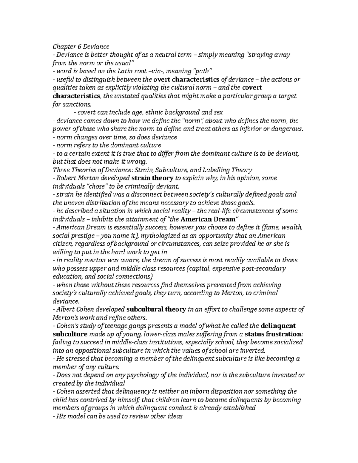 Summary Elements of Sociology - chapter 6 - Chapter 6 Deviance Deviance ...
