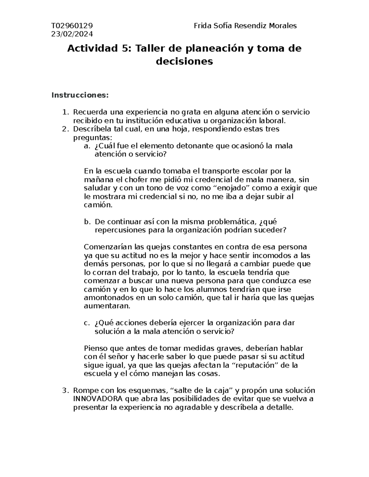 T02960129 Actividad 5: Taller de Planeación y Toma de Decisiones - Studocu