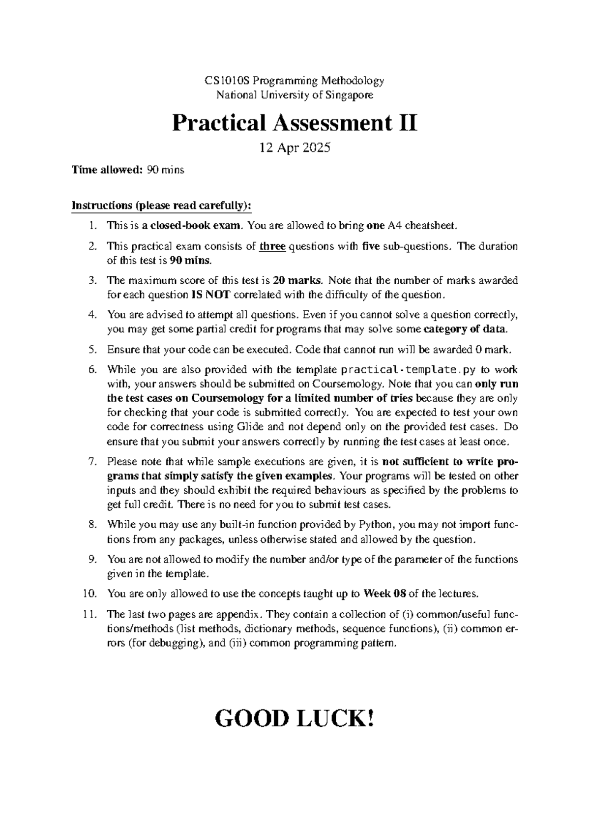 CS1010S Programming Methodology Practical Exam II Guidelines - Studocu