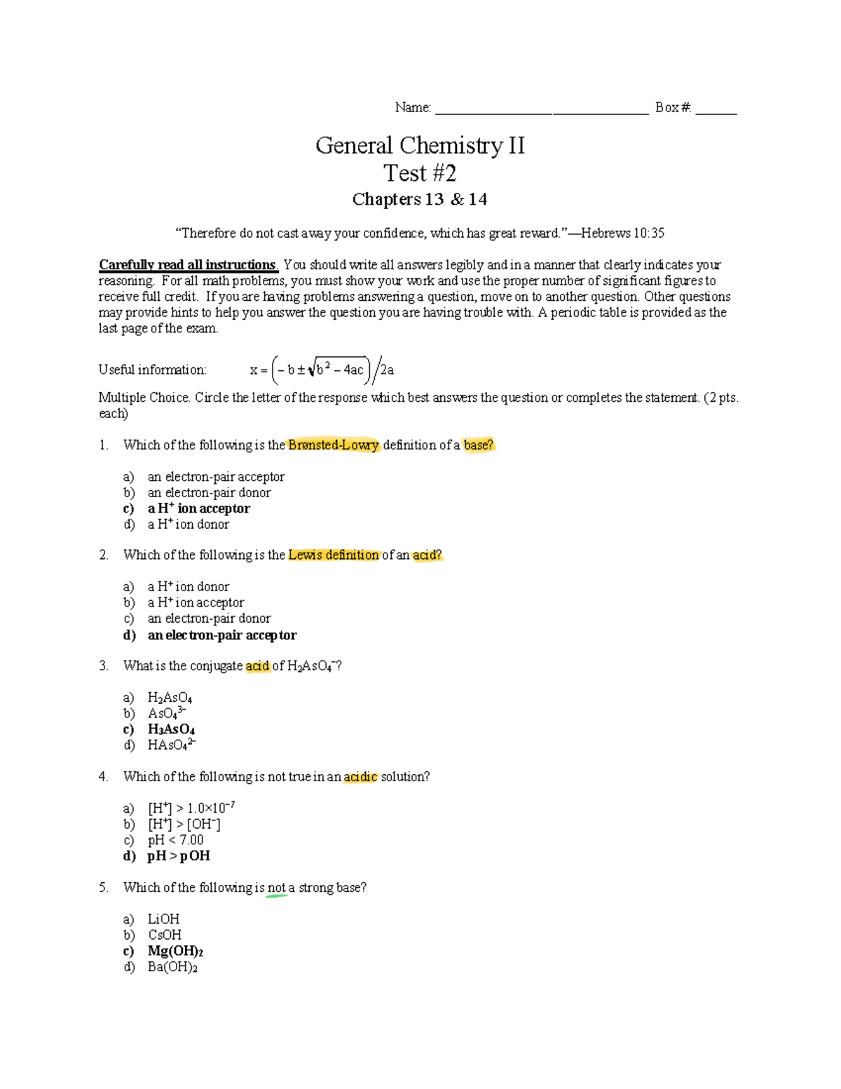 Box General Chemistry II Practice Test #2 (Chapters 13-14) Key - Studocu