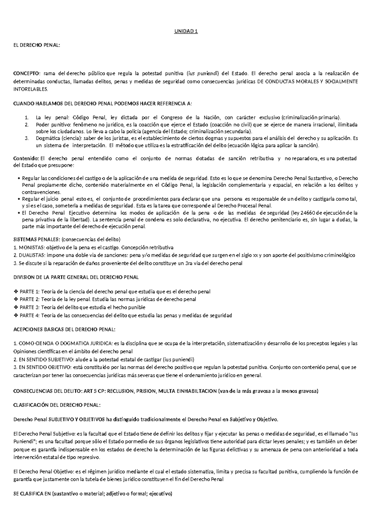 Resumen de Derecho Penal I - UNIDAD 1: Conceptos y Teorías (2024) - Studocu