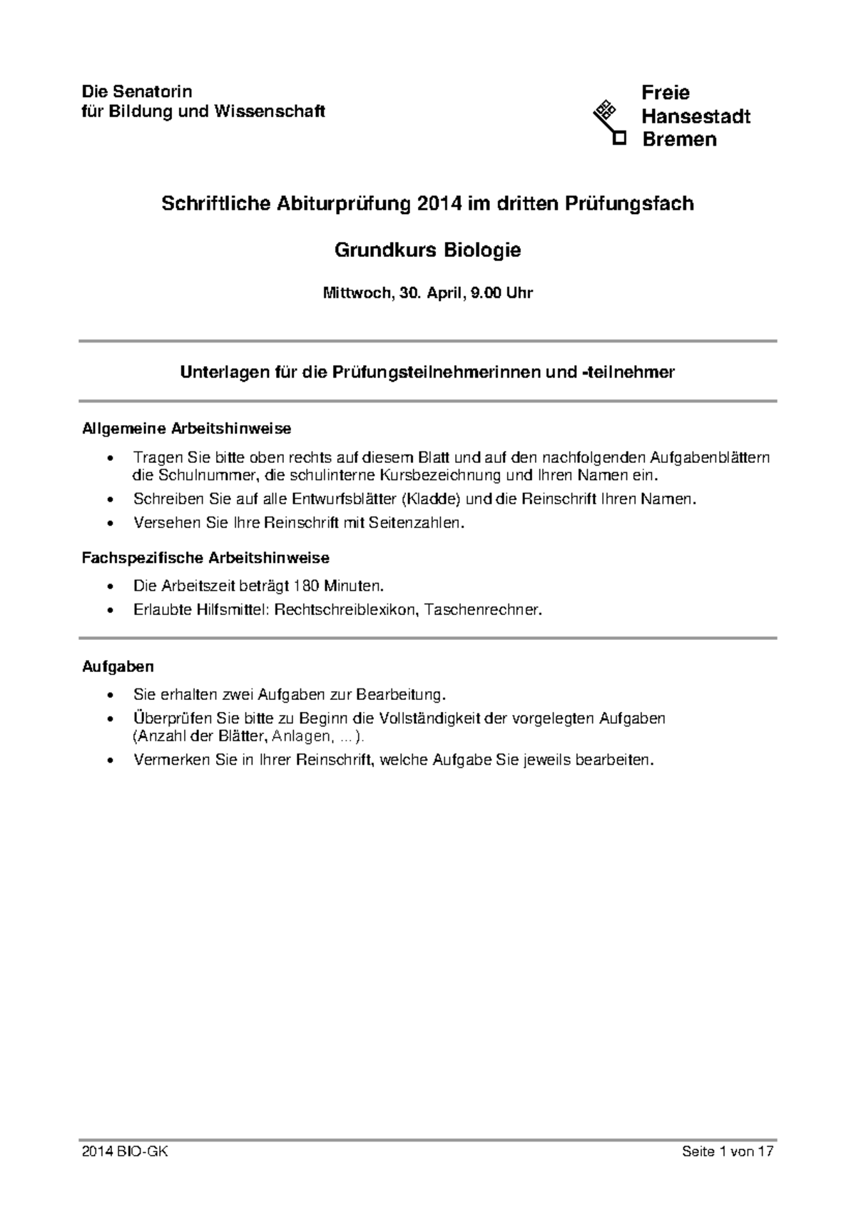 Biologie GK 2014 - Abiturprüfungsthemen und Aufgabenanalyse - Studocu
