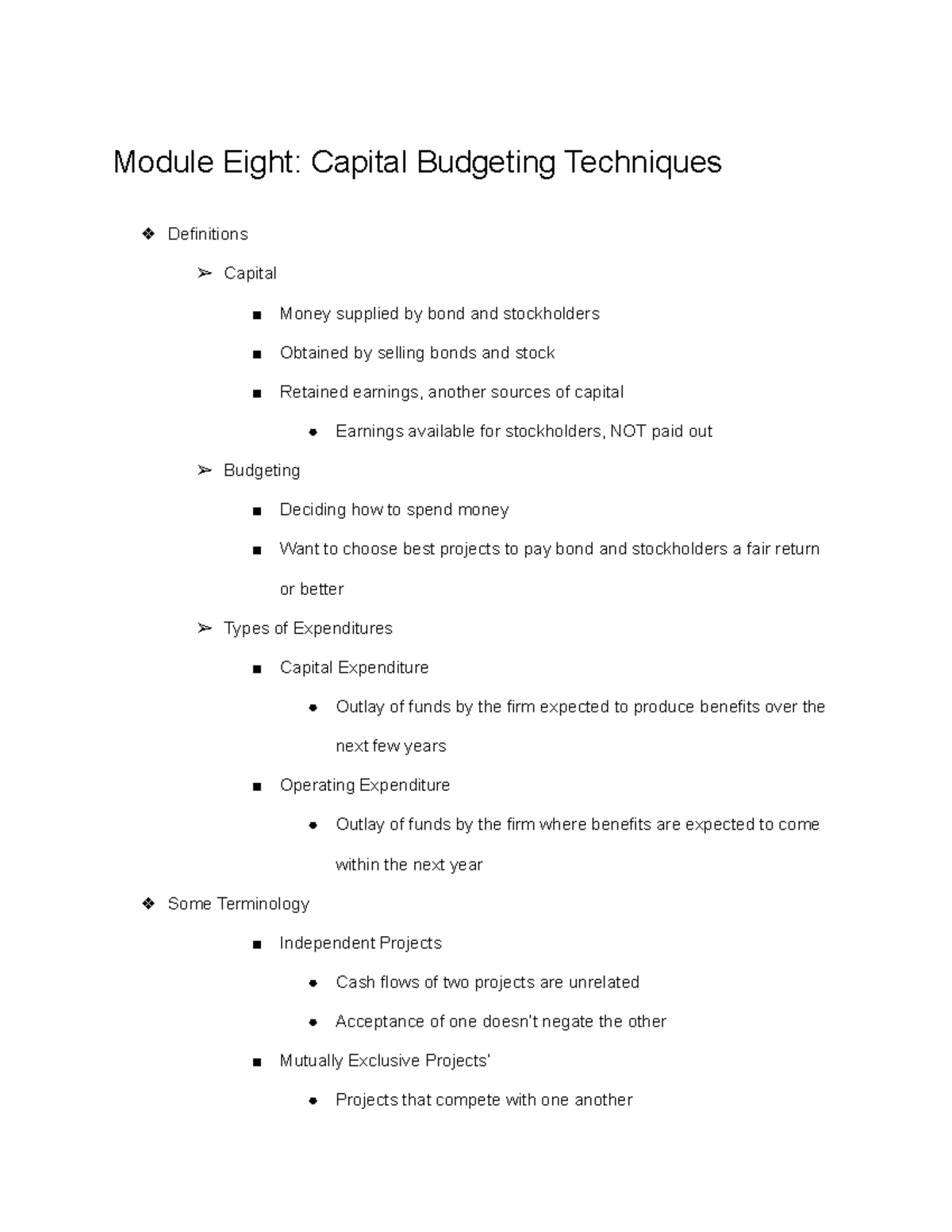 FINC301 Module 8 - Capital Budgeting Techniques Lecture Notes - Studocu