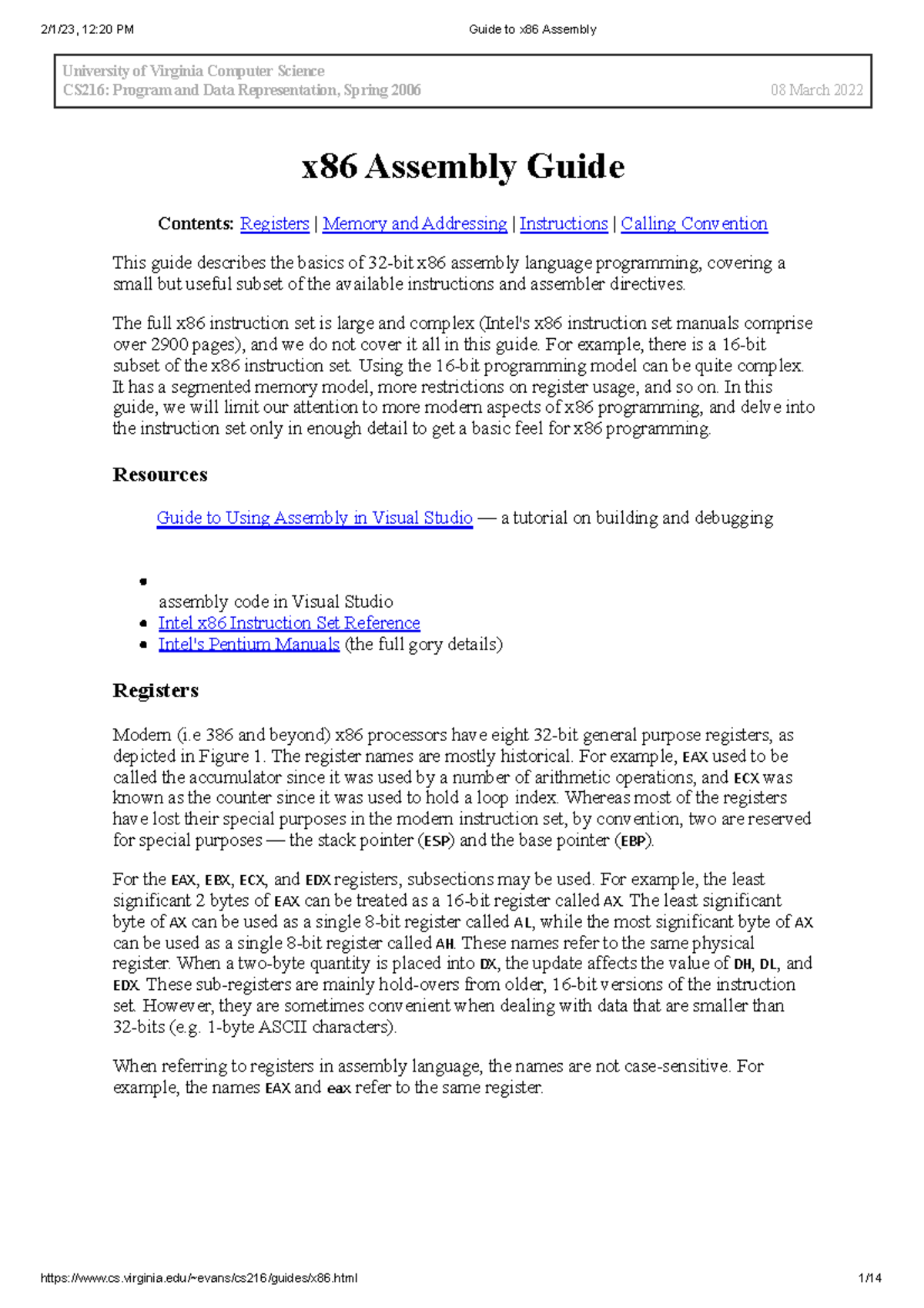 Guide to x86 Assembly - University of Virginia Computer Science CS216 ...