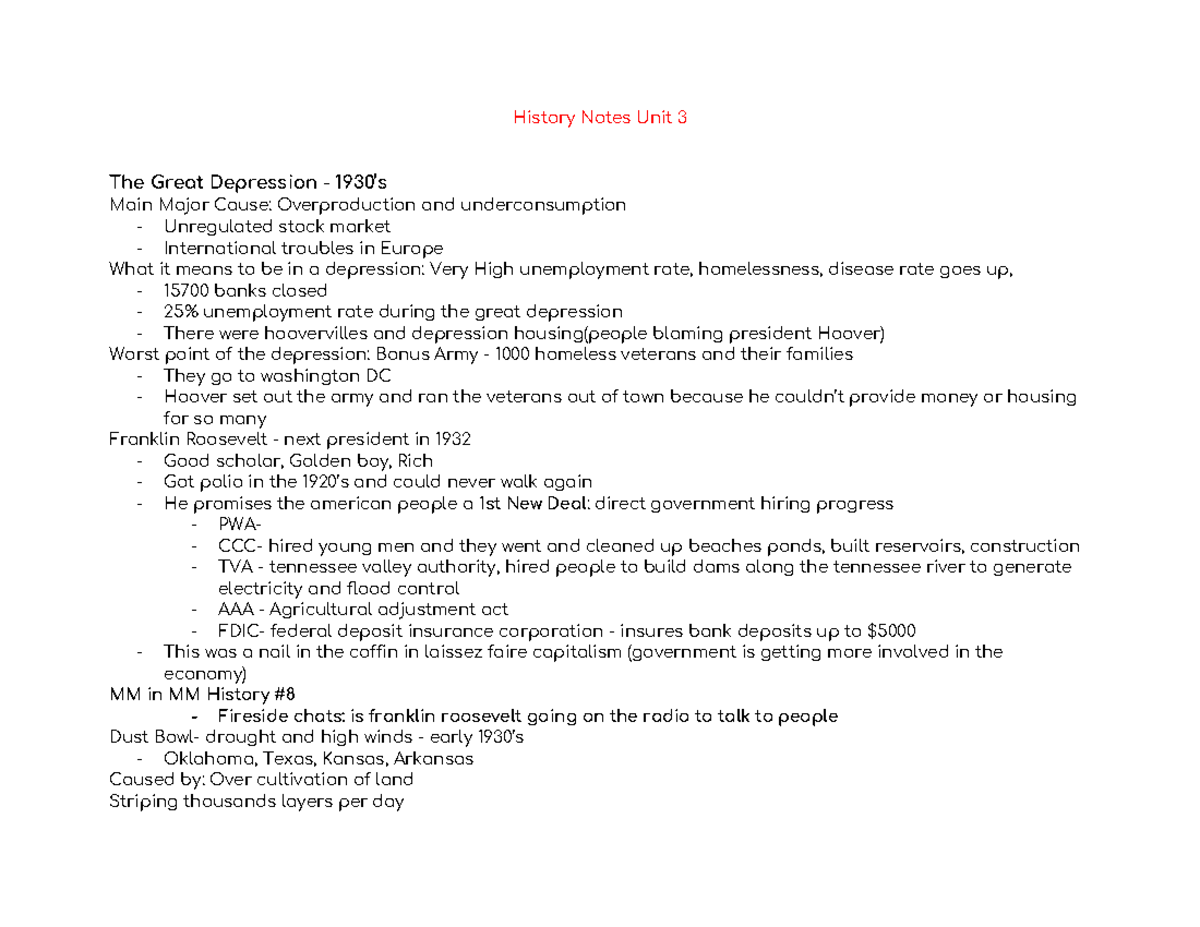 HIST 101 Notes: The Great Depression to Cold War Developments - Studocu