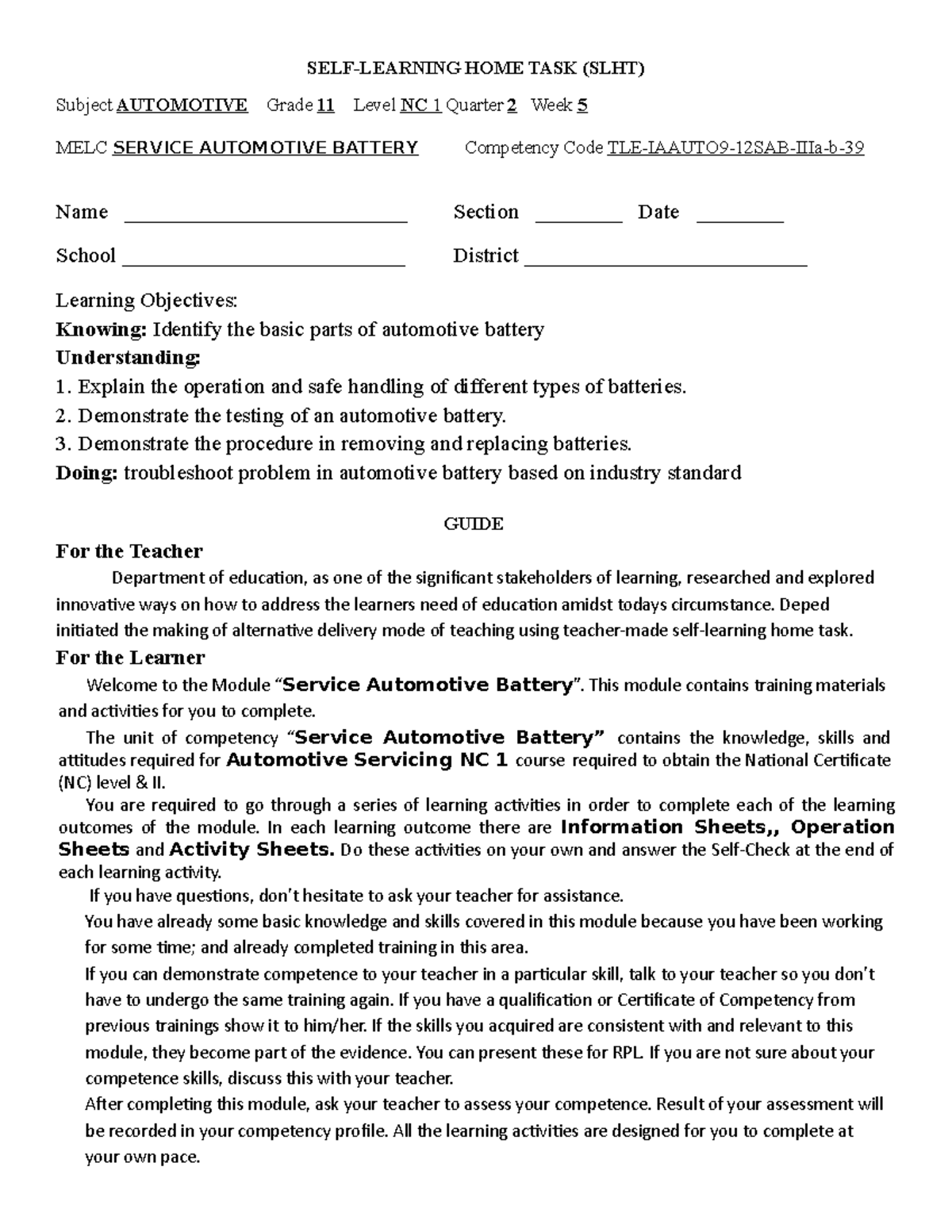 SLHT 8 service auto battery week 51 - SELF-LEARNING HOME TASK (SLHT ...