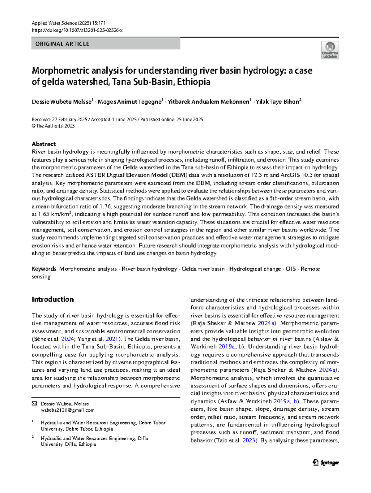 Morphometric Analysis of Gelda Watershed Hydrology (S13201) - Studocu