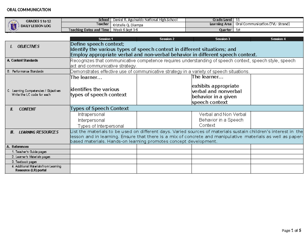 DLL - WEEK 6 - Oral Communication Lesson Plan for Grade 11 - Studocu